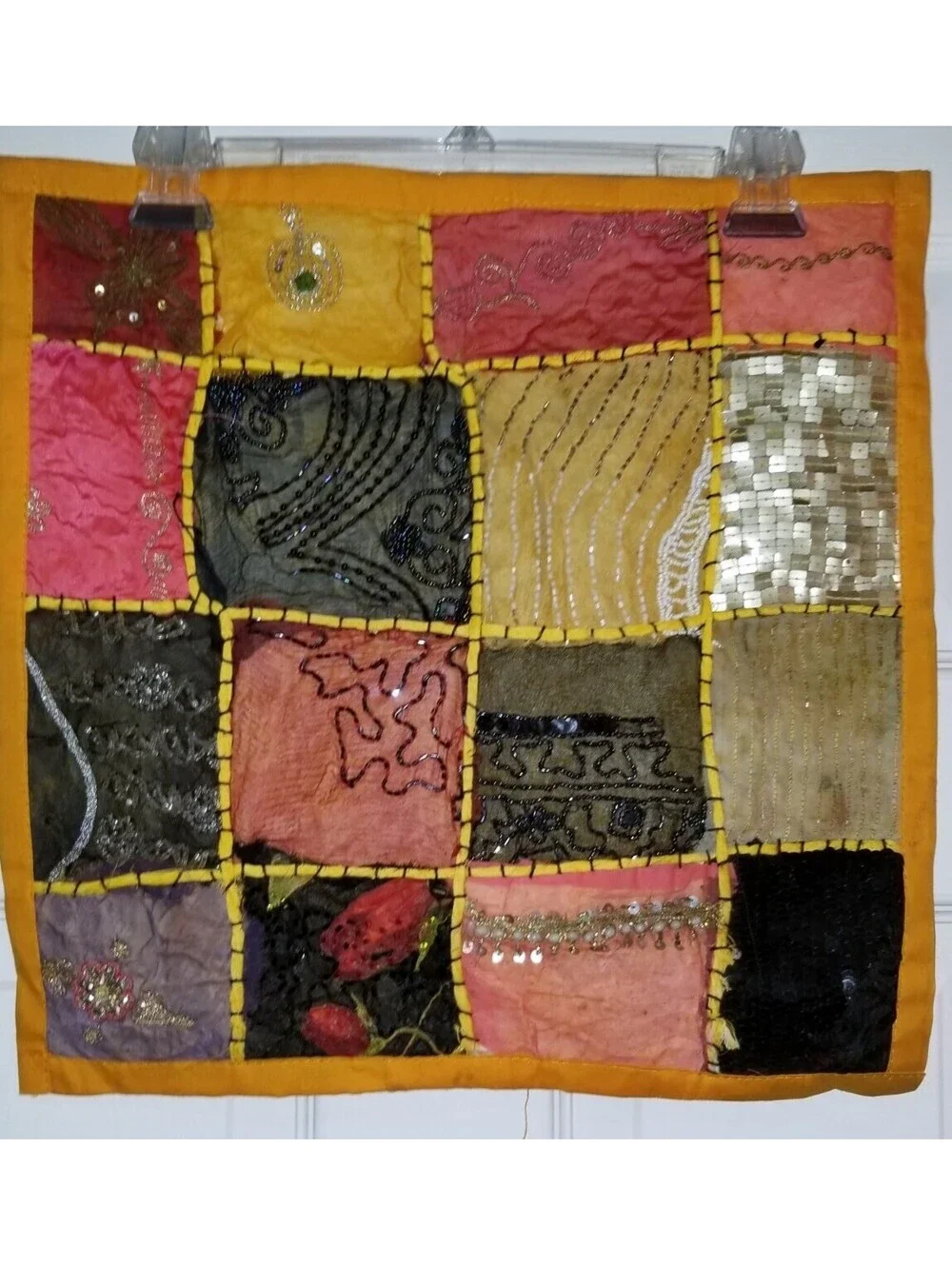 HAND BEADED EMBELLISHED INDIA WALL ART TAPESTRY PATCHWORK SQUARE 16